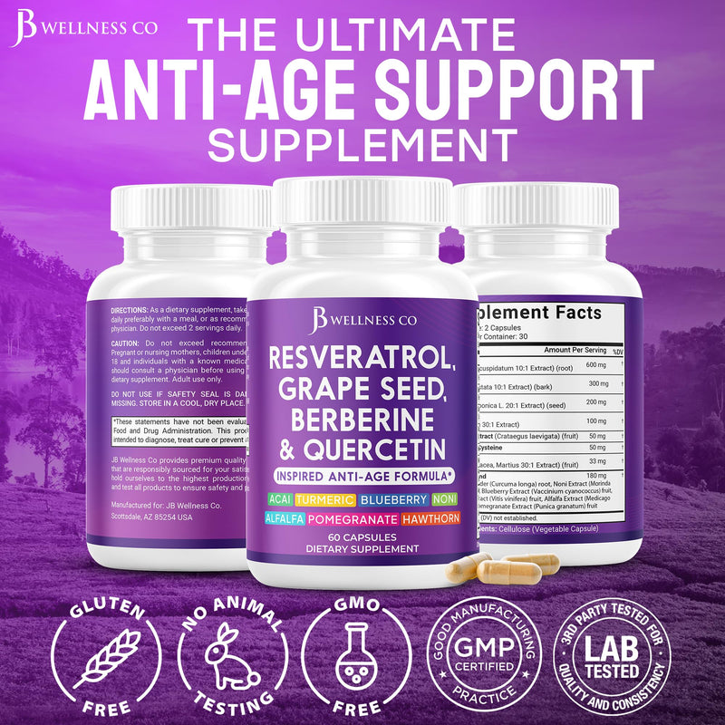 [Australia] - JB Wellness Resveratrol, Grape Seed Extract, Berberine, Quercetin - Polyphenol Supplement for Women and Men with Noni Extract, N-Acetyl Cysteine, Acai Extract - 180 Capsules 60 Count (Pack of 3) 