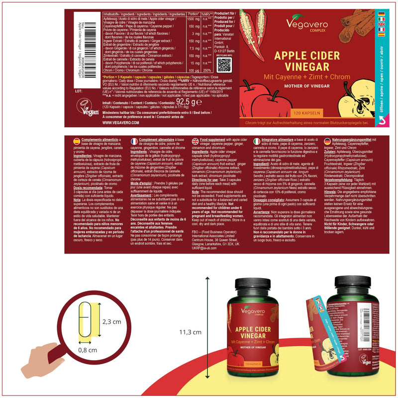 [Australia] - Apple Cider Vinegar Capsules | 1500mg | Vinegar complex + cayenne pepper + ginger | Blood sugar* & metabolism | Apple Cider Vinegar | Laboratory tested & vegan | Vegavero® 