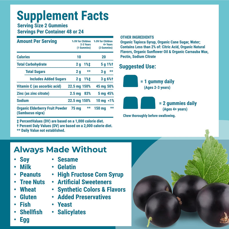 Hyland's Kids Organic Elderberry Plus Gummies, Organic Black Elderberry with ZINC and Vitamin C, Immune Support for Children, 48 Vegan Gummies (Pack of 2) Kids - 96 Count