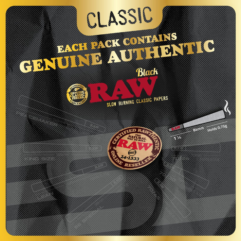 [Australia] - RAW Cones Classic Black 1-1/4 Size | 100 Pack | Natural Pre Rolled Rolling Paper Pressed Extra Fine for Thin, Slow Burning, Naturally Translucent Paper with Tips & Packing Tubes Included 