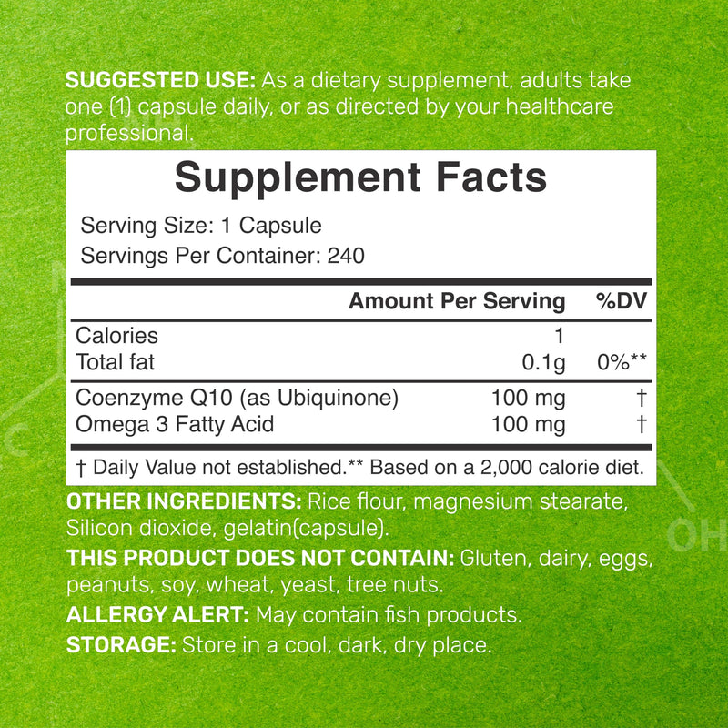 [Australia] - CoQ10 100mg, 240 Capsules – with Omega 3 Fatty Acid 100mg – Bioavailable Coenzyme Q10 Supplements – Heart, Energy, & Brain Health Antioxidant Support – Non-GMO, One A Day 240 Count (Pack of 1) 