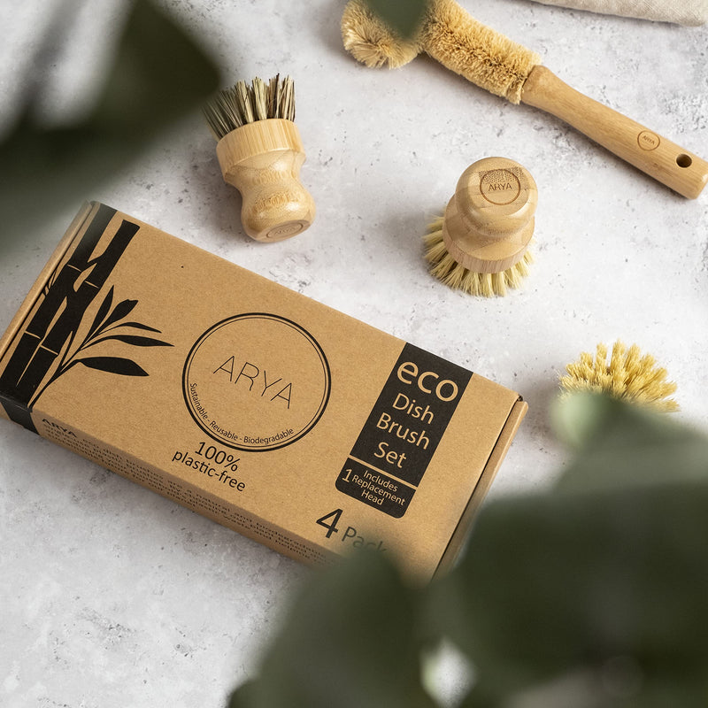 [Australia] - ARYA. Wooden Dish Brush Set | 4 Kitchen Washing Up Brushes & One Replacement Head | Bamboo & Natural Fibers | Eco Friendly Wooden Pot Brush Scourer Scrubber Sponge Alternative 
