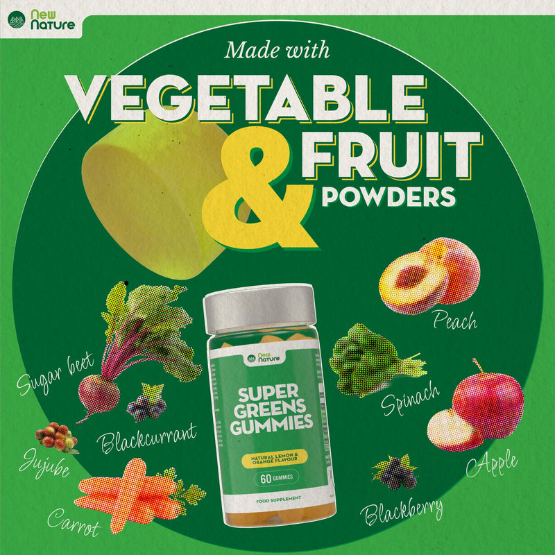 New Nature Super Greens Gummies - Greens Supplement with Fruit & Veggie Powders, Chlorella & Bacillus Coagulans - 60 Lemon & Orange Flavour Gummies - UK Made, Gelatin-Free