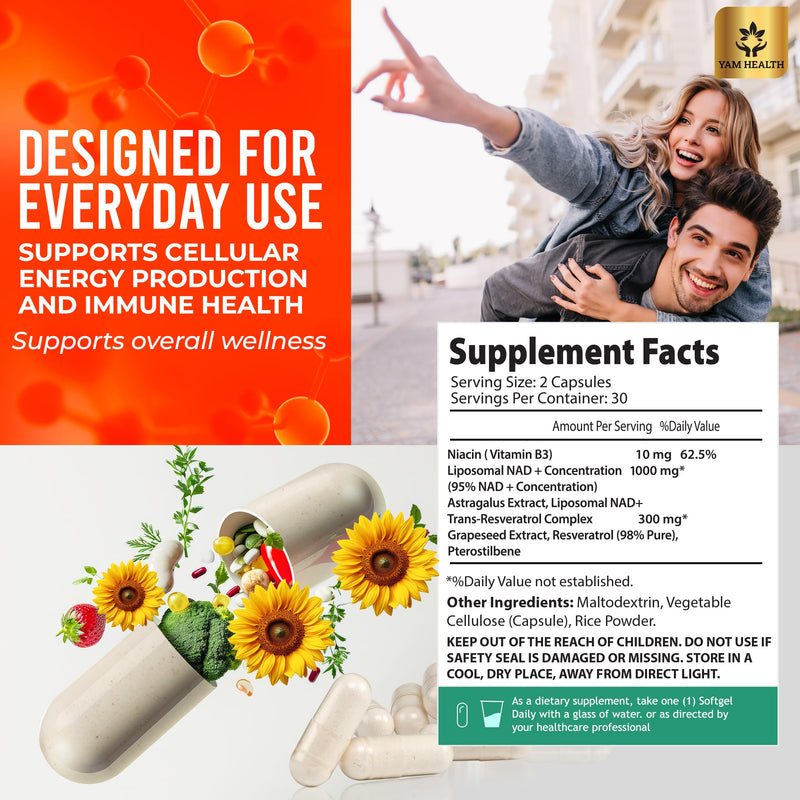Nicotinamide Riboside Formula with Trans-Resveratrol – 1310mg Per Serving (2 Capsules), with Niacin (Vitamin B3), Dietary Supplement, 60 Capsules (Pack of 4) 60 Count (Pack of 4)