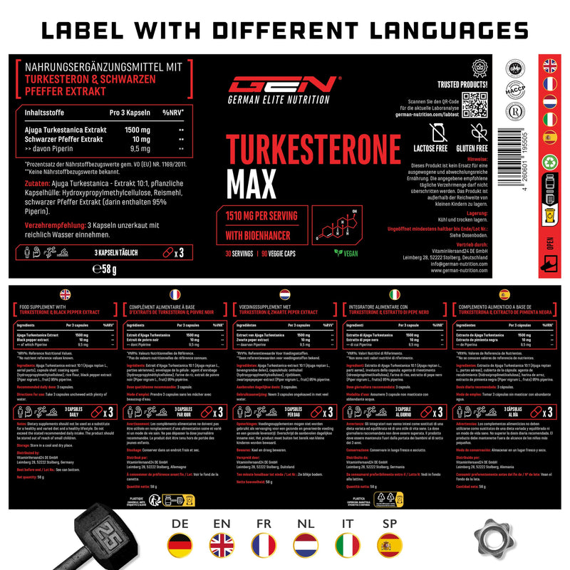 [Australia] - Turkesterone Max - 90 capsules - Extra high dose with 1510 mg per daily serving - With bioenhancer - Without unwanted additives - Vegan 