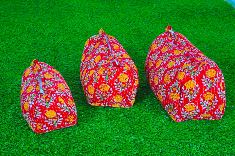 Generic Set of 3 Pieces Indian Handmade Cotton Quilted Handmade Floral Hand Block Print Toiletry Bag,Cosmetic Pouch Bag Makeup Bag For Women (Cotton, Orange), 44999