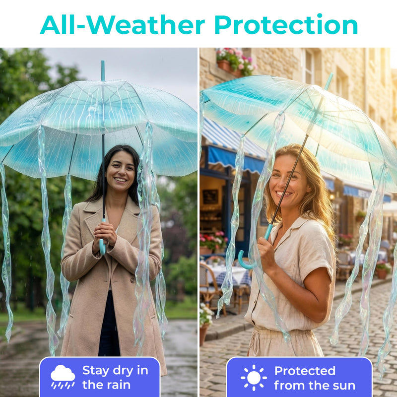 MOAY Jellyfish Umbrella - Cute Clear Transparent Automatic Open Umbrella For Rain - Hanging Jellyfish Style Clear With J Hook Handle Birthday Gifts For Women & Gifts For Girls