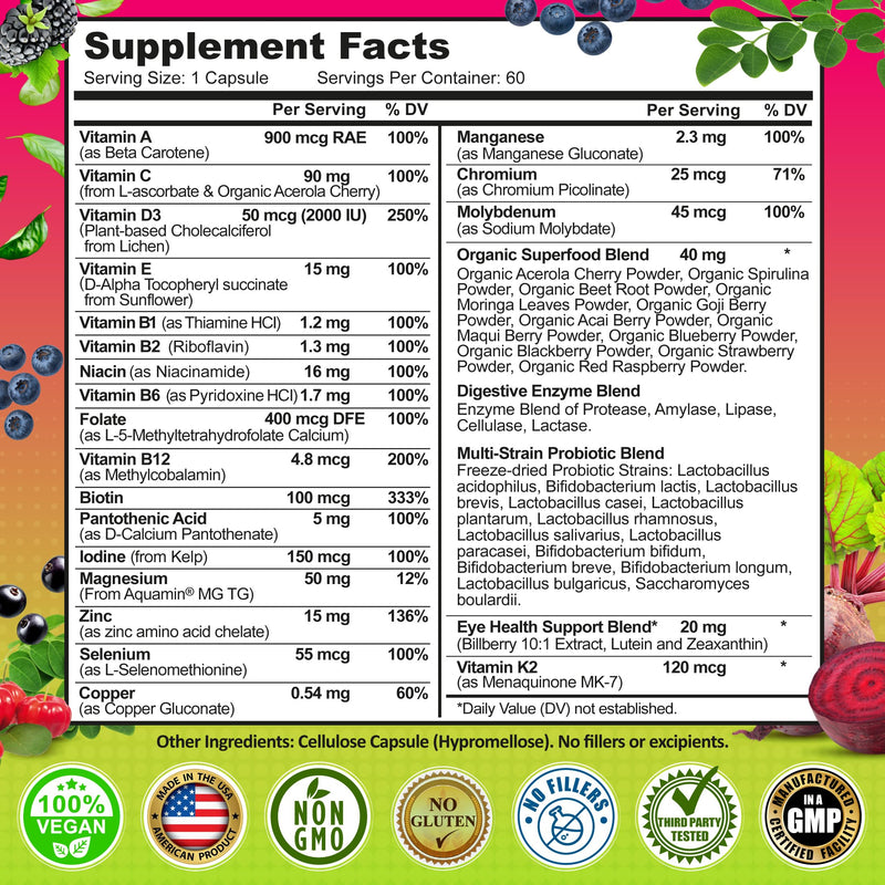 Vegan Methylated Multivitamin for Women 50 and Over - Biotin & Lutein | Women's Daily Multivitamin 50 Plus - Eye, Energy & Digestive Support, Organic Superfoods, Easy-to-Swallow Capsules 60 Count (Pack of 1) Women's 50+ Multivitamin No Iron