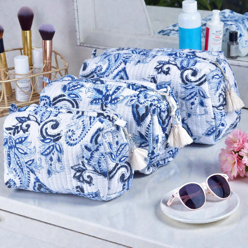 Quilted Floral Block Print Makeup Bag Set of 3 – Cotton Travel Toiletry and Makeup Organizer, Cosmetic Pouch, Toiletry Bag for Women, Cute Boho Coquette Make Up Bags for Women (Small, Medium, Large)