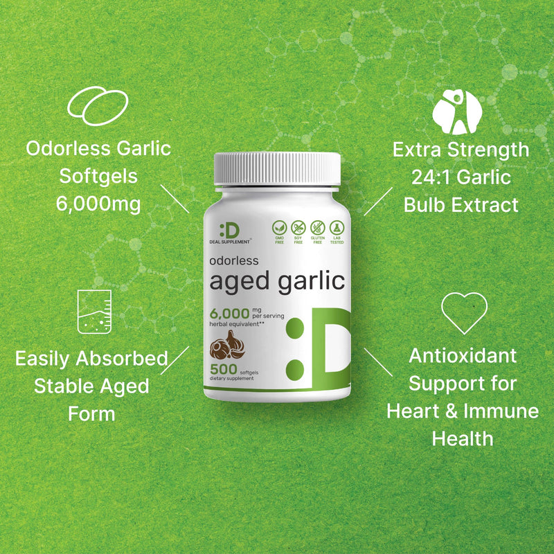 [Australia] - DEAL SUPPLEMENT Odorless Aged Garlic Pills, 6,000mg Per Serving, 500 Softgels – 24:1 Garlic Oil Extract – Fresh Allium Sativum Bulb Source – Heart & Immune Antioxidant Supplements – Non-GMO 