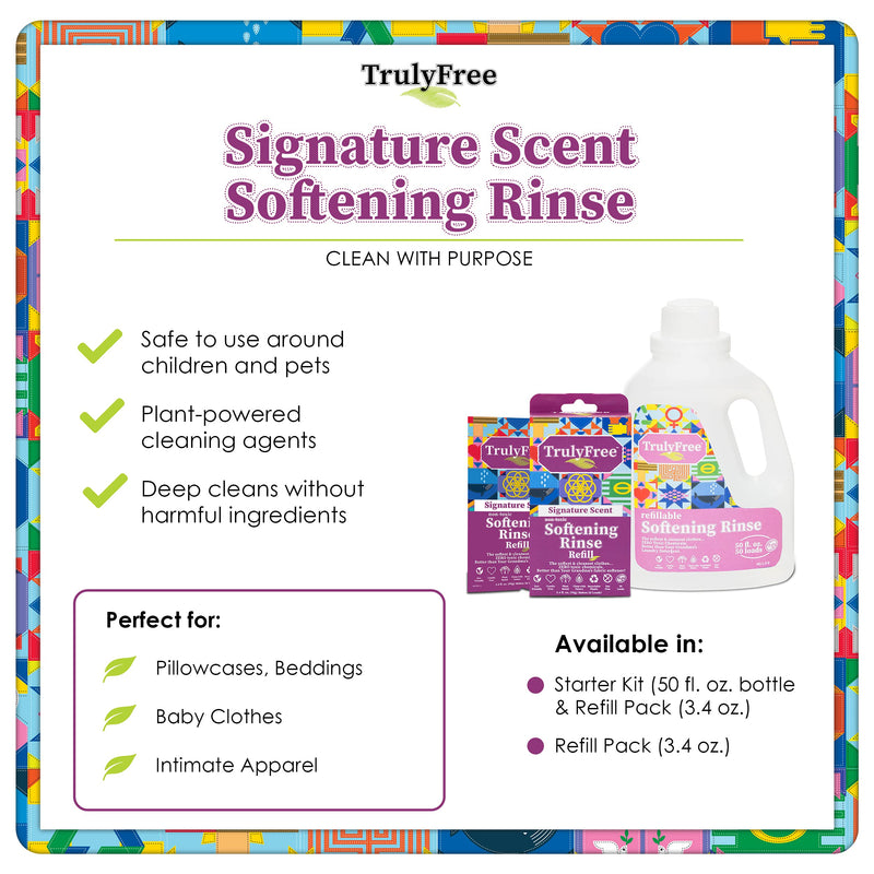 [Australia] - Signature Scent Softening Rinse, Natural Fabric Softener - Plant-Based, Non-Toxic, Safe for Babies & Kids, Includes: Empty refillable 50oz Bottle with measuring cap, 1 Refill (50 Loads) Scented Starter Kit 