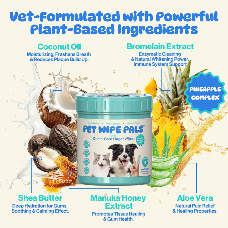 [Australia] - All-in-1 Dog Teeth Cleaning Wipes | Enzymatic Whitening + Micro Scrubbing Beads | No Mess, Pet Dental Wipes & Finger Tooth Brushing Kit | Plant-Based Dental Care for Cats & Dogs (60 Count) 