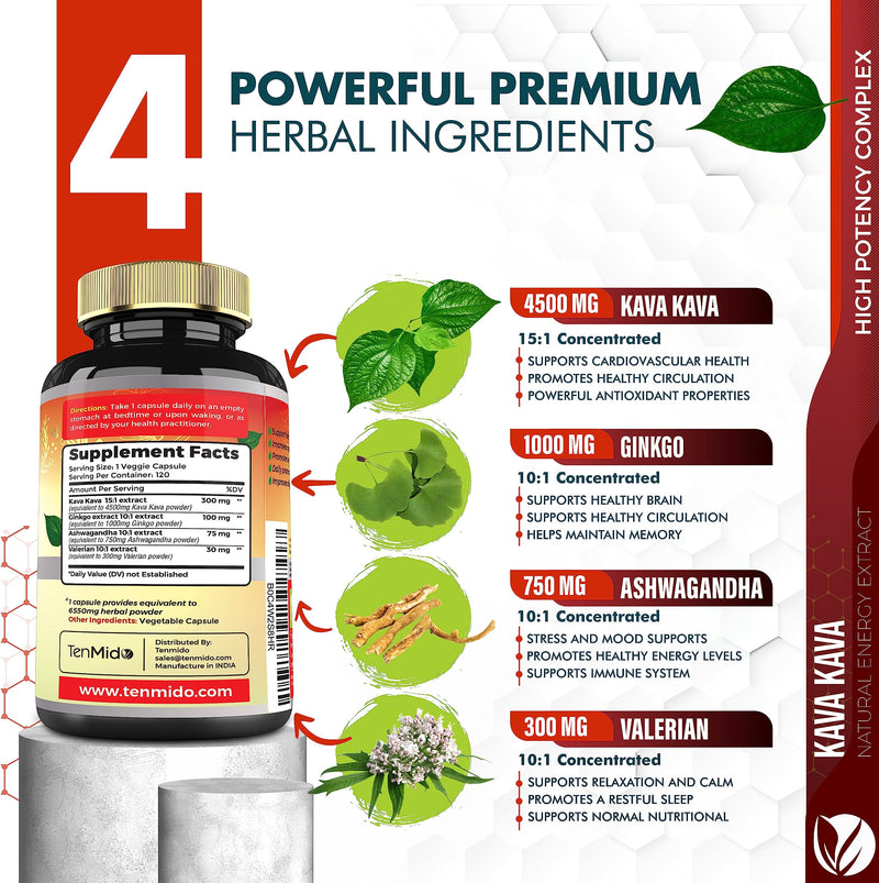 [Australia] - Kava Kava Supplement Extract Capsules 6550mg, 4 Months Supply with Ginkgo, Ashwagandha, Valerian- Relaxation Supports Supplement- 120 Vegan Capsules 