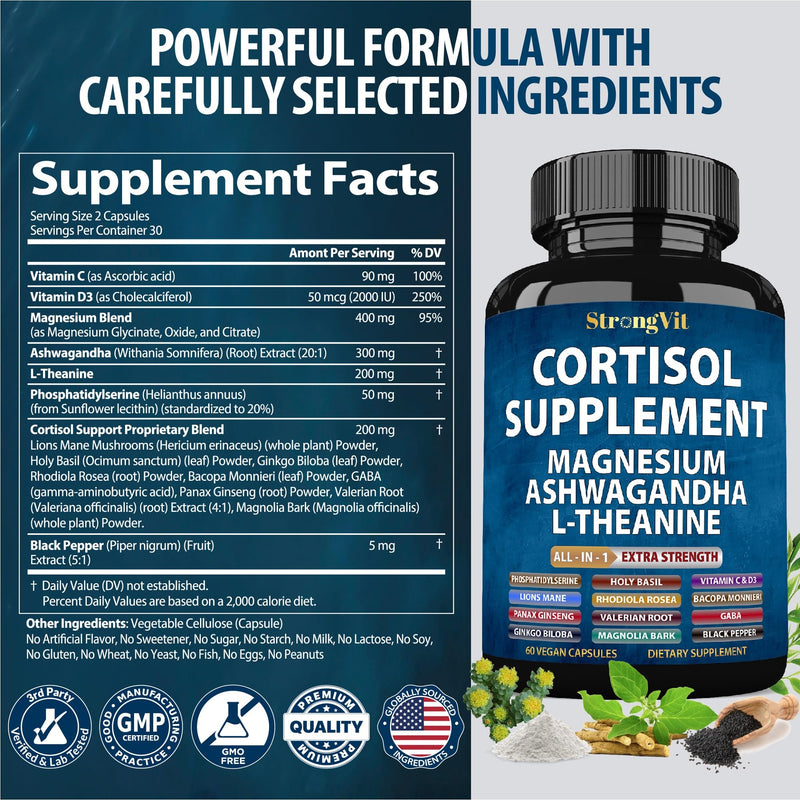[Australia] - Cortisol Supplements for Women and Men with Magnesium, Ashwagandha & L-Theanine. High Cortisol Reducer, Manager, Detox, Lower and Control. Sleep Support & Stress Relief, USA 60 Count (Pack of 1) 