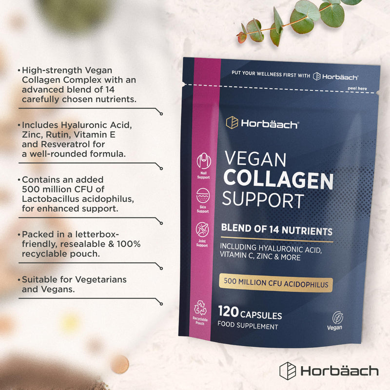 Vegan Collagen Supplements for Women & Men | with Hyaluronic Acid, Vitamin C, Zinc & More | Blend of 14 Nutrients Including 500 Million CFU Acidophilus | Collagen Support | 120 Capsules | by Horbaach