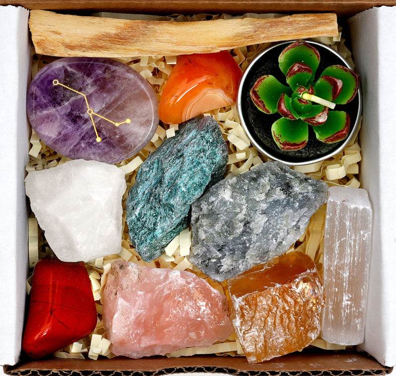 [Australia] - DANCING BEAR Cancer Zodiac Healing Crystals Gift Set, (14 Pc): 9 Stones, 18K Gold-Plated Constellation Necklace, Meteorite, Succulent Candle, Palo Santo Smudge Stick, and Info Guide, Made in The USA 