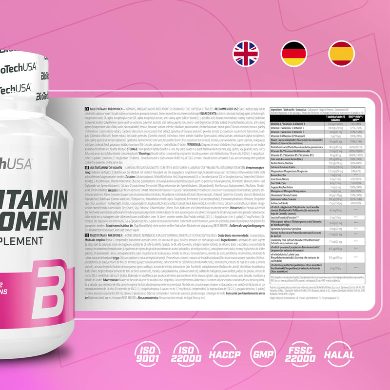 BioTechUSA Multivitamin for Women | 12 Vitamins + 11 Minerals | Energy, Bones, & Immune Support | Antioxidant Boost, 60 Tablets