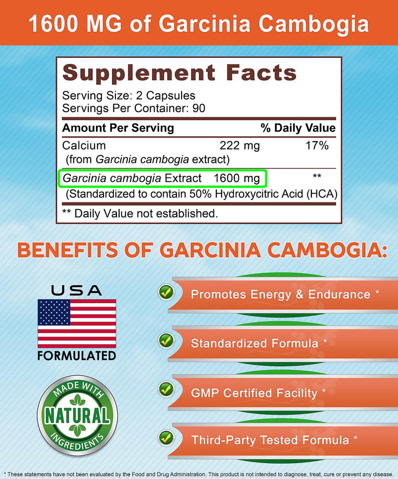 [Australia] - Garcinia Cambogia 1600 mg (180 Capsules) - Pure Natural Extract Supplement Pills - Standardized Garcinia Cambogia Alternative to Drops, Gummies, Liquid, Tea & Powder 