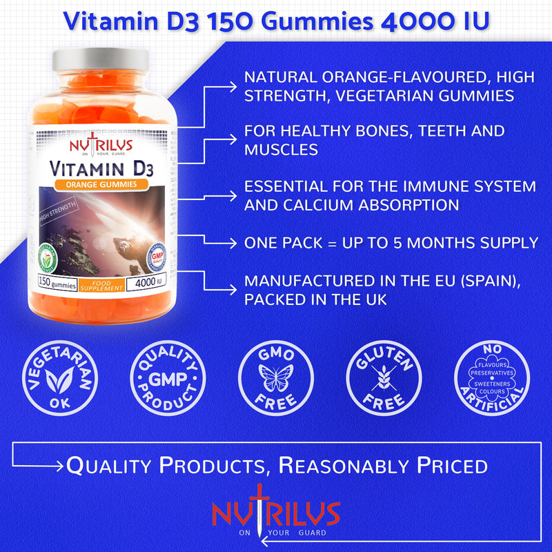 Vitamin D3 4000 IU - 150 Natural Orange Gummies - High Strength 100mcg - GMO-Free - Immune System - Muscles - Bones - Teeth 150 count (Pack of 1)