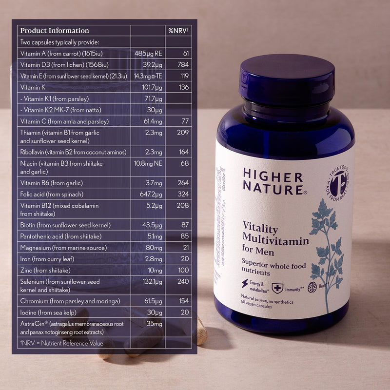 Higher Nature Vitality Multivitamin for Men - True Food® Formula Nutrients from 16 Real Foods - Vegan Multivitamin - One Month Supply of Mens Vitamins - 60 Multi Vitamins Capsules