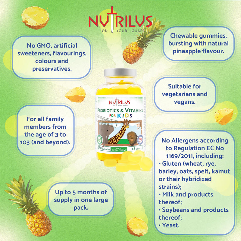 Probiotics & Vitamins for Kids and Adults Natural Pineapple Gummies - Large Pack - Active Blend - Vitamin B3, B5, B6, C (150 Gummies) 150 count (Pack of 1)