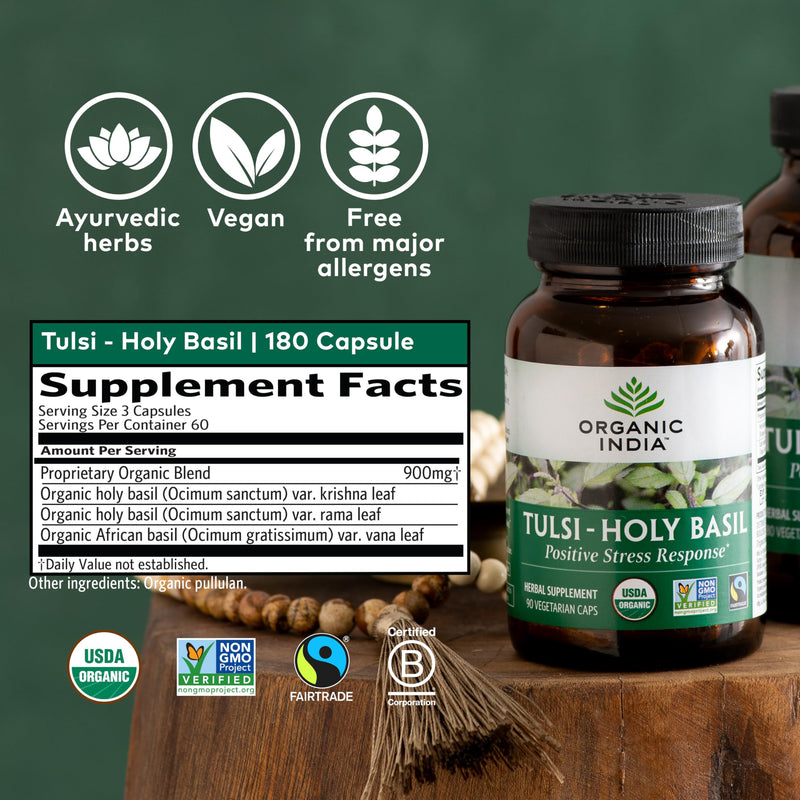 [Australia] - Organic India Tulsi Holy Basil Capsules - Holy Basil Extract - Holy Basil Leaf Supplement, Herbal Supplement, Immune Support, Stress Relief, Vegan, Gluten-Free, Kosher, Organic, Non-GMO - 180 Capsules 180 Count (Pack of 1) 