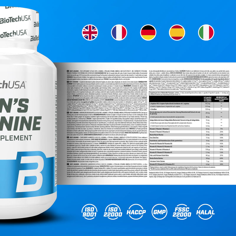 BioTechUSA Men's Arginine | Boost Vitality | with Herbal Ingredients | Vitamins | Zinc | Ideal for Men's Wellness | 90 Capsules_