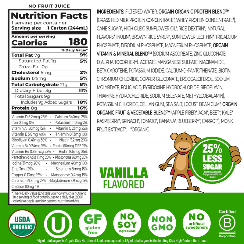 Orgain Organic Kids Nutritional Dairy Protein Shakes Bundle, Chocolate + Vanilla, 8g Protein, 3g Fiber, 22 Vitamins & Minerals, No Soy Ingredients, Gluten Free, Non‑GMO, 8.25 fl oz, Pack of 24 Chocolate & Vanilla Bundle 8.25 Fl Oz (Pack of 24)
