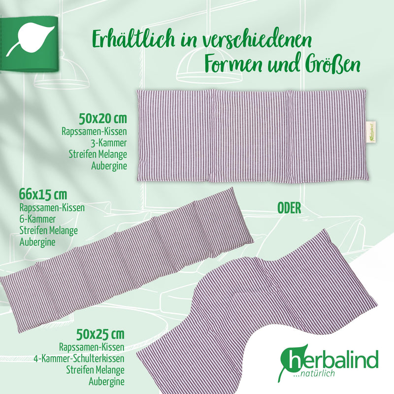 [Australia] - HERBALIND 3-chamber grain pillow aroma heat pillow lavender pillow - for stomach 50x20 cm in stripes/purple - 100% cotton OEKO TEX rapeseed pillow with dried lavender flowers microwave-safe 50x20 cm (pack of 1) 3-chamber / rapeseed with lavender / purple 
