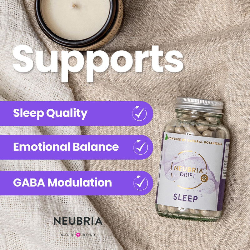 NEUBRIA Drift Sleep Supplement - Non Melatonin Herbal Sleep Blend for Adults with Lemon Balm, Hops, Chamomile, Saffron, L-Tryptophan, Magnesium & Vitamin D - Calm Night Sleeping Tablets - 60 Capsules Drift - Sleep 60 Capsules