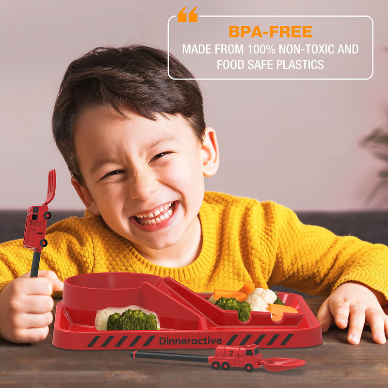 [Australia] - Dinneractive Dining Set For Kids - 3PC Red Firefighter Dinnerware - Fire Truck Utensils - Toddler Plates - Baby Dishes Firefighter Red 