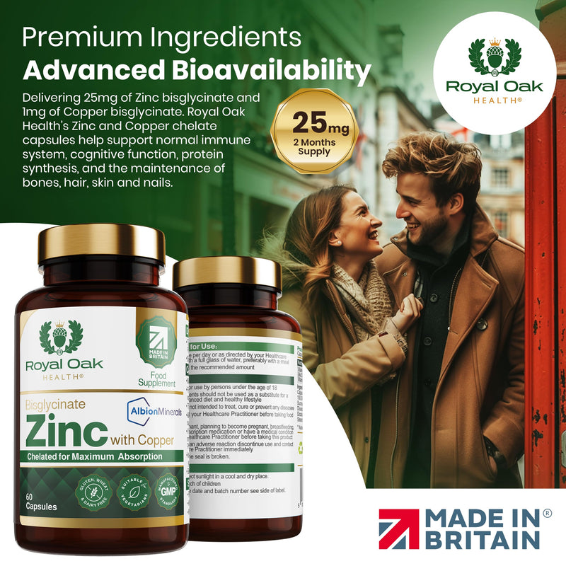 Zinc Bisglycinate 25mg with Copper (Albion Chelated) x60 Capsules (2 Month Supply) High Strength Zinc Supplement for Men & Women. UK Made By Royal Oak Health
