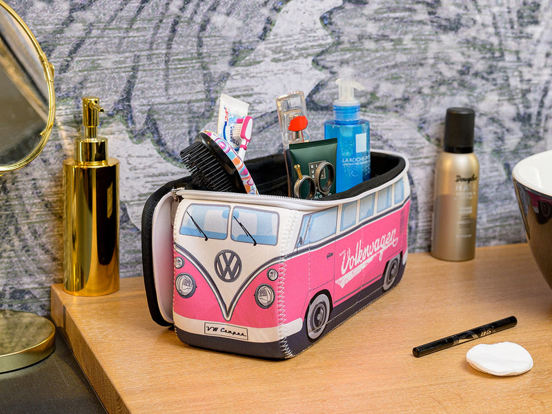 BRISA VW Collection - T1 Bus Camper Toiletry Bag Cosmetic Case | Volkswagen Toiletry Bag Cosmetic Case, Water-Repellent, Hanging Hook, 4 Mesh Pockets for Travel, Neoprene, Pink Large Large (11.8 X 5.5 X 4.7 Inches)