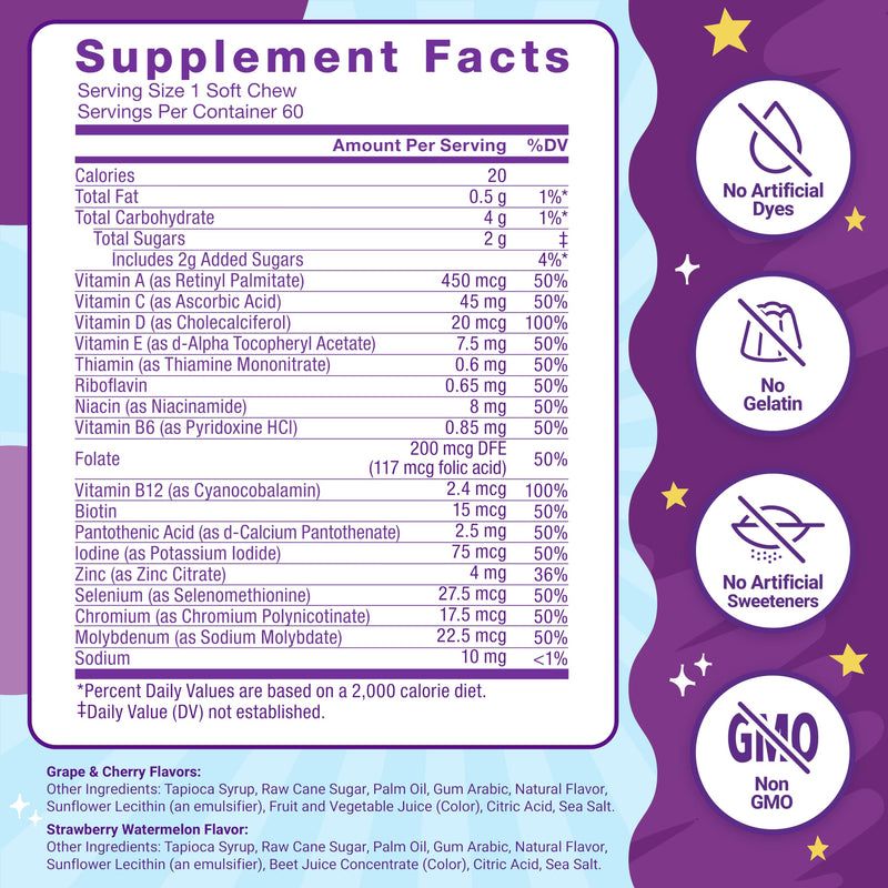[Australia] - FORCE FACTOR Kids Multivitamin Super Chews, Kids Vitamins to Support Wellness, Immunity, Eye Health, & More with 18 Vitamins, Minerals, & Antioxidants, 2-Month Supply, Multi-Flavor, 60 Soft Chews 