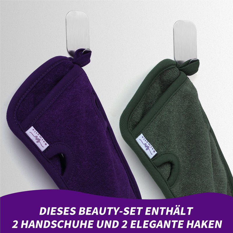 [Australia] - Belmalia 2x peeling gloves made of natural fiber | Body Scrub Sponge Removes Dead Skin | Exfoliating shower sponge for hammam, spa, wellness | Body peeling bath sponge with 2 metal hooks | Purple + Green 
