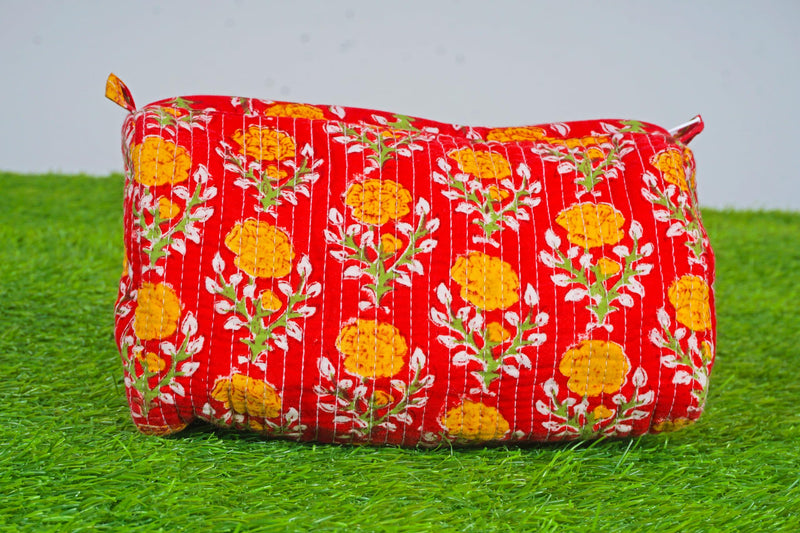 Generic Set of 3 Pieces Indian Handmade Cotton Quilted Handmade Floral Hand Block Print Toiletry Bag,Cosmetic Pouch Bag Makeup Bag For Women (Cotton, Orange), 44999