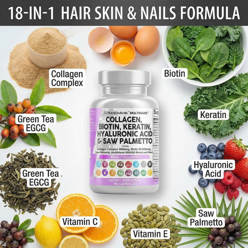 Clean Nutraceuticals Collagen Pills 1000mg Biotin 10000mcg Keratin Saw Palmetto Hyaluronic Acid - Hair Skin & Nails Vitamins & DHT Blocker with Vitamin E Folic Acid Pumpkin Seed MSM - 90 Count 90 Count (Pack of 1)