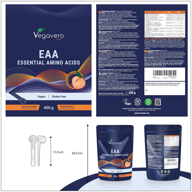 Vegavero EAA Amino Acids Powder | All 9 Essential Aminoacids: BCAAs + Leucine | Sugar Free Peach Flavour | 400g Workout Supplement | NO Additives | Vegan