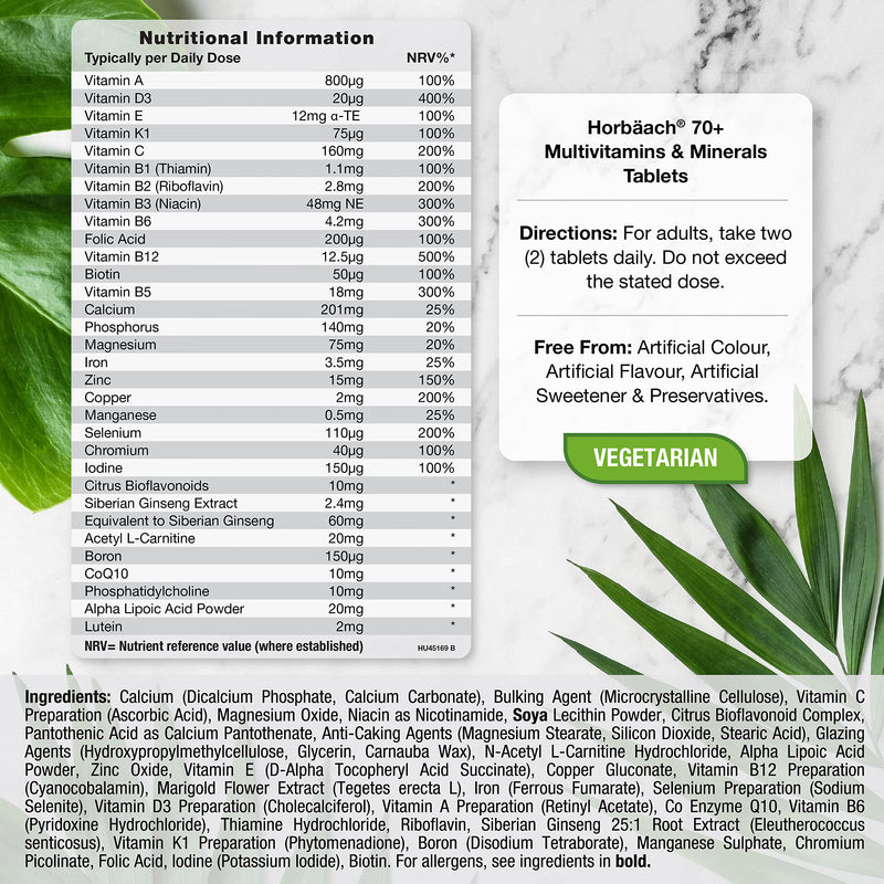 Multivitamin Tablets for Men 70 Plus | 90 Count | with 32 Essential Vitamin and Minerals for 70+ | Suitable for Vegetarians | By Horbaach
