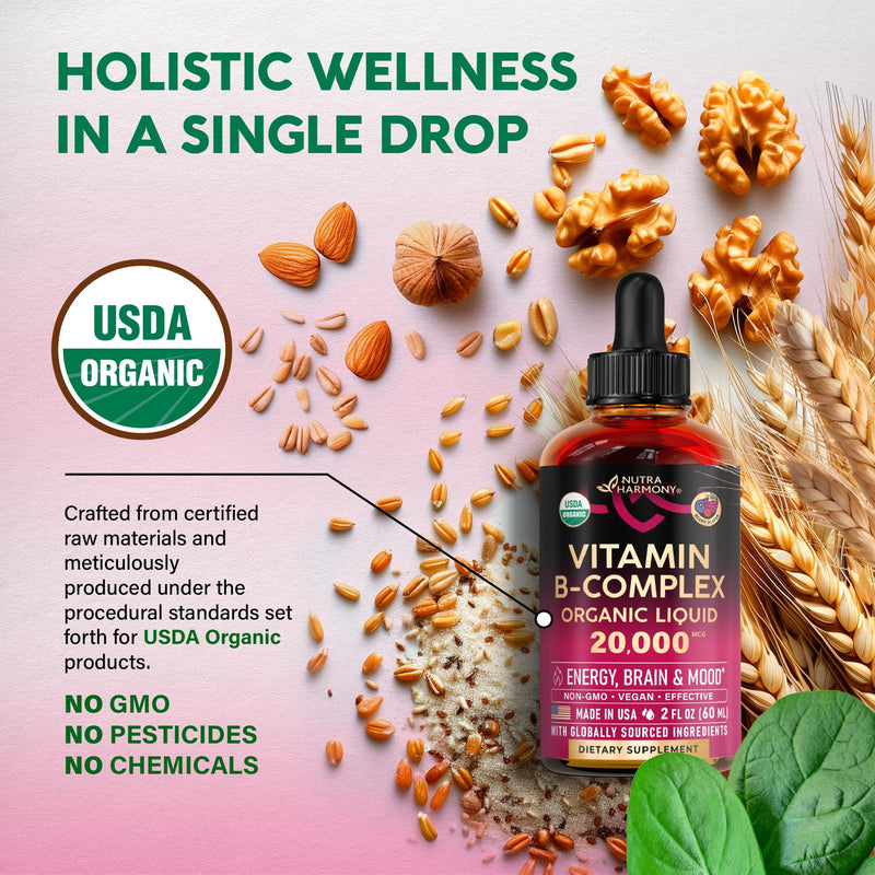 USDA Organic Vitamin B-Complex 20000mcg - B5, B12, B1, B6, B7, B9, B3 - 2Oz | B Complex Liquid Drops - Pantothenic Acid, Methylcobalamin, Thiamine, Pyridoxine, Biotin, Folic, Niacinamide - Berry Flavor B-Complex 2oz