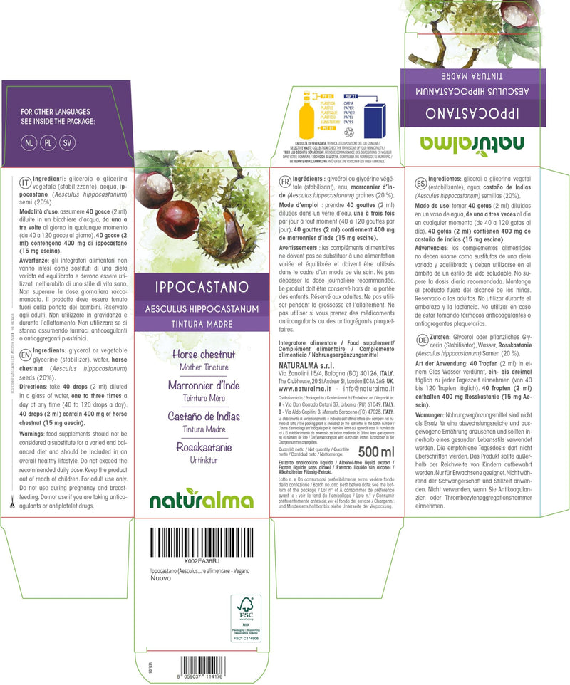 Horse Chestnut (Aesculus hippocastanum) Seeds Alcohol-Free Mother Tincture Naturalma - Liquid Extract Drops 500 ml - Food Supplement - Vegan 500 ml (Pack of 1)
