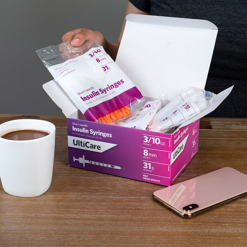 [Australia] - UltiCare U-100 Insulin Syringes, Comfortable and Accurate Dosing of Insulin, Compatible with Any U-100 Strength Insulin, Size: 3/10cc, 31G x 8mm, 100 ct Box 