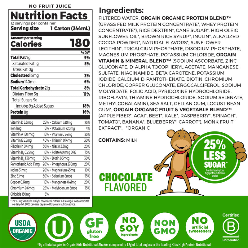 Orgain Organic Kids Nutritional Dairy Protein Shakes Bundle, Chocolate + Vanilla, 8g Protein, 3g Fiber, 22 Vitamins & Minerals, No Soy Ingredients, Gluten Free, Non‑GMO, 8.25 fl oz, Pack of 24 Chocolate & Vanilla Bundle 8.25 Fl Oz (Pack of 24)