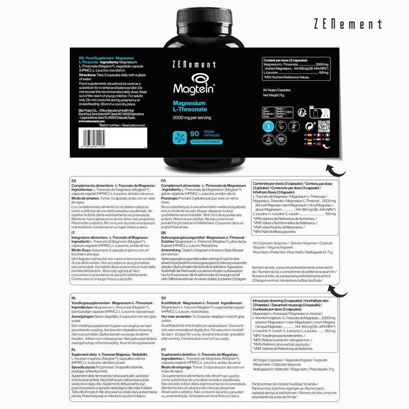 Magnesium L-Threonate – Magtein® – 2000 mg per Serving – Brain Health & Nervous System – 90 Vegan Capsules, 1 Month's Supply – Zenement