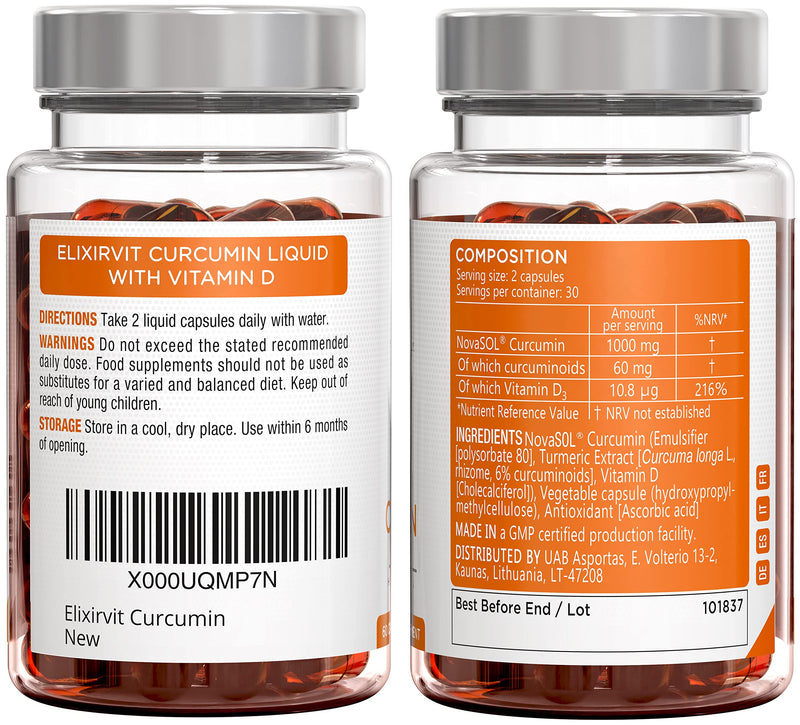 Liquid Curcumin with Vitamin D – 185x More Bioavailable Than Typical Turmeric/Curcumin Supplements – Advanced Turmeric Extract with NovaSOL – 60 High Strength Capsules