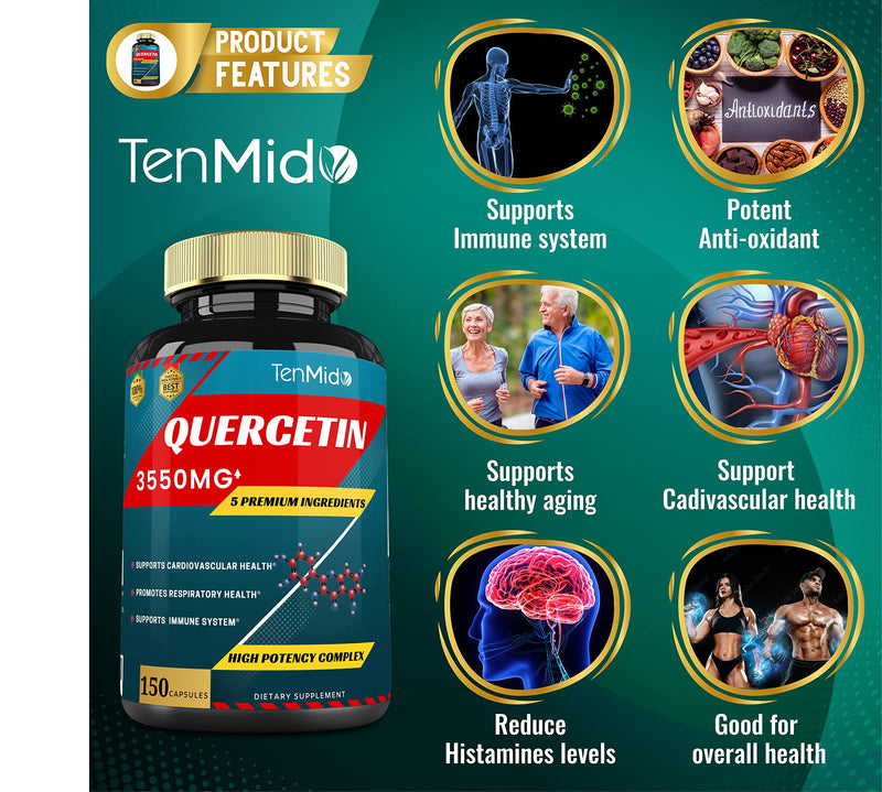 [Australia] - Quercetin Supplements Capsules 3550mg, 5 Months Supply, 150 Caps - Supports Immune System & Cardiovascular, Respiratory Health, Antioxidants with Berberine, Stinging Nettle, Turmeric, Black Pepper 