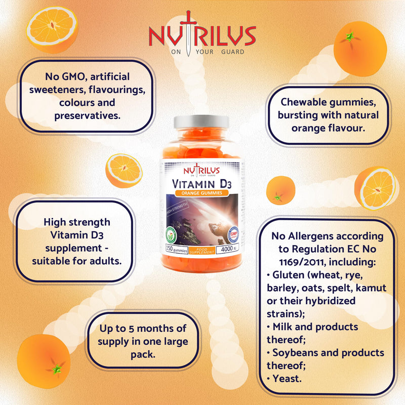Vitamin D3 4000 IU - 150 Natural Orange Gummies - High Strength 100mcg - GMO-Free - Immune System - Muscles - Bones - Teeth 150 count (Pack of 1)
