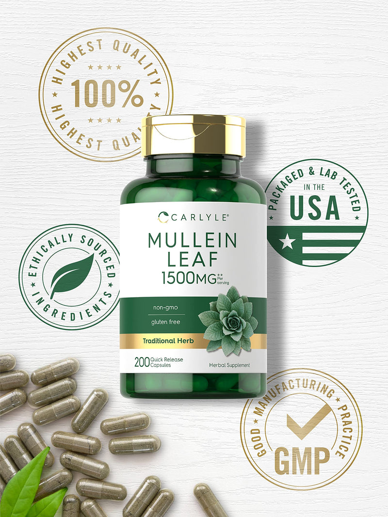 Carlyle Mullein Leaf Extract 1500mg | 200 Capsules | Verbascum Thapsus | Non-GMO, Gluten Free Supplement