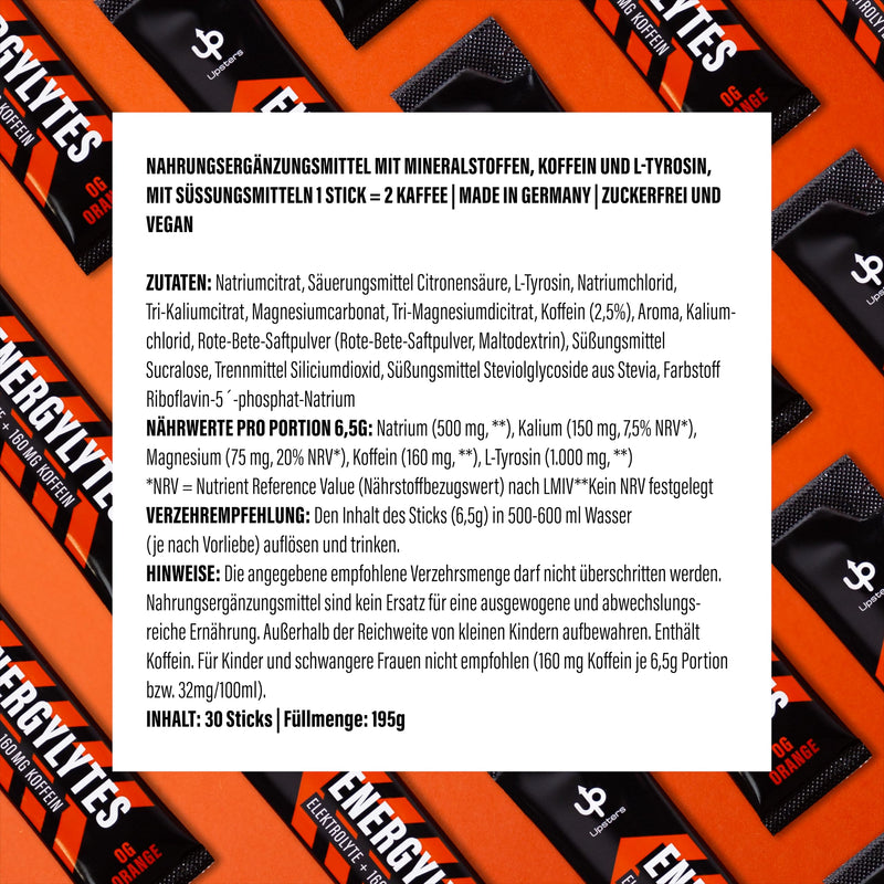 [Australia] - Upsters Energylytes I Electrolyte powder with 160 mg caffeine I Energy drink I Concentration I 30 portions for hydration I Sugar-free and with L-tyrosine I For sports & parties I Orange OG Orange 