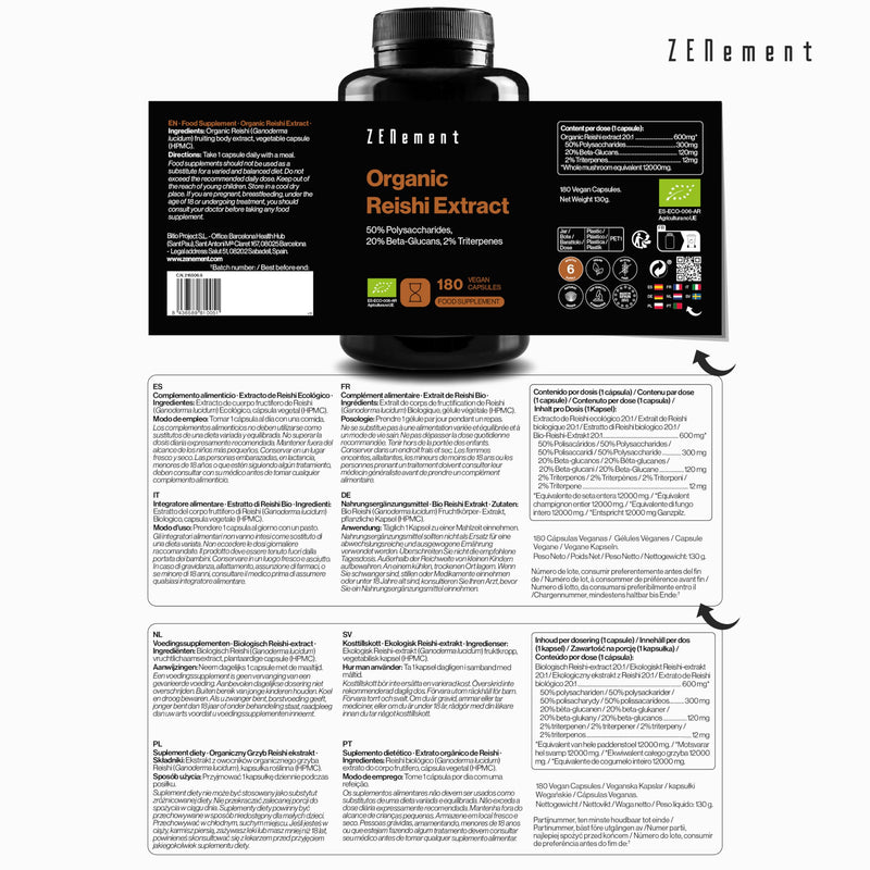Organic Reishi Extract 12000 mg (20:1) - 50% Polysaccharides, 20% Beta-Glucans, 2% Triterpenes (Ganoderma Lucidum) - 180 Vegan Capsules (6 Months) - No Additives, Non-GMO - Zenement